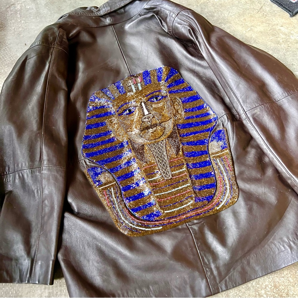 Rare!! Vintage Leather jacket with beaded Egyptian appliqué